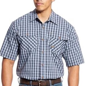 Ariat Rebar Men's Medium Short Sleeve  Plaid Work Shirt blue Med